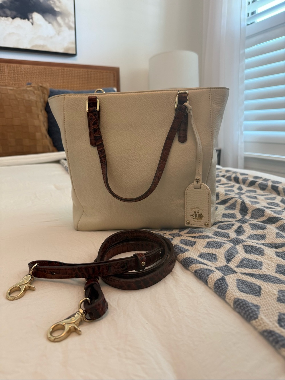 Brahmin Cream Pebbled Leather Tote with Dark Brown Straps - Picture 2 of 7